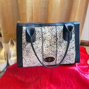 Fossil Black and White Cowhide Look Tote Keyhole Zip Close Bag